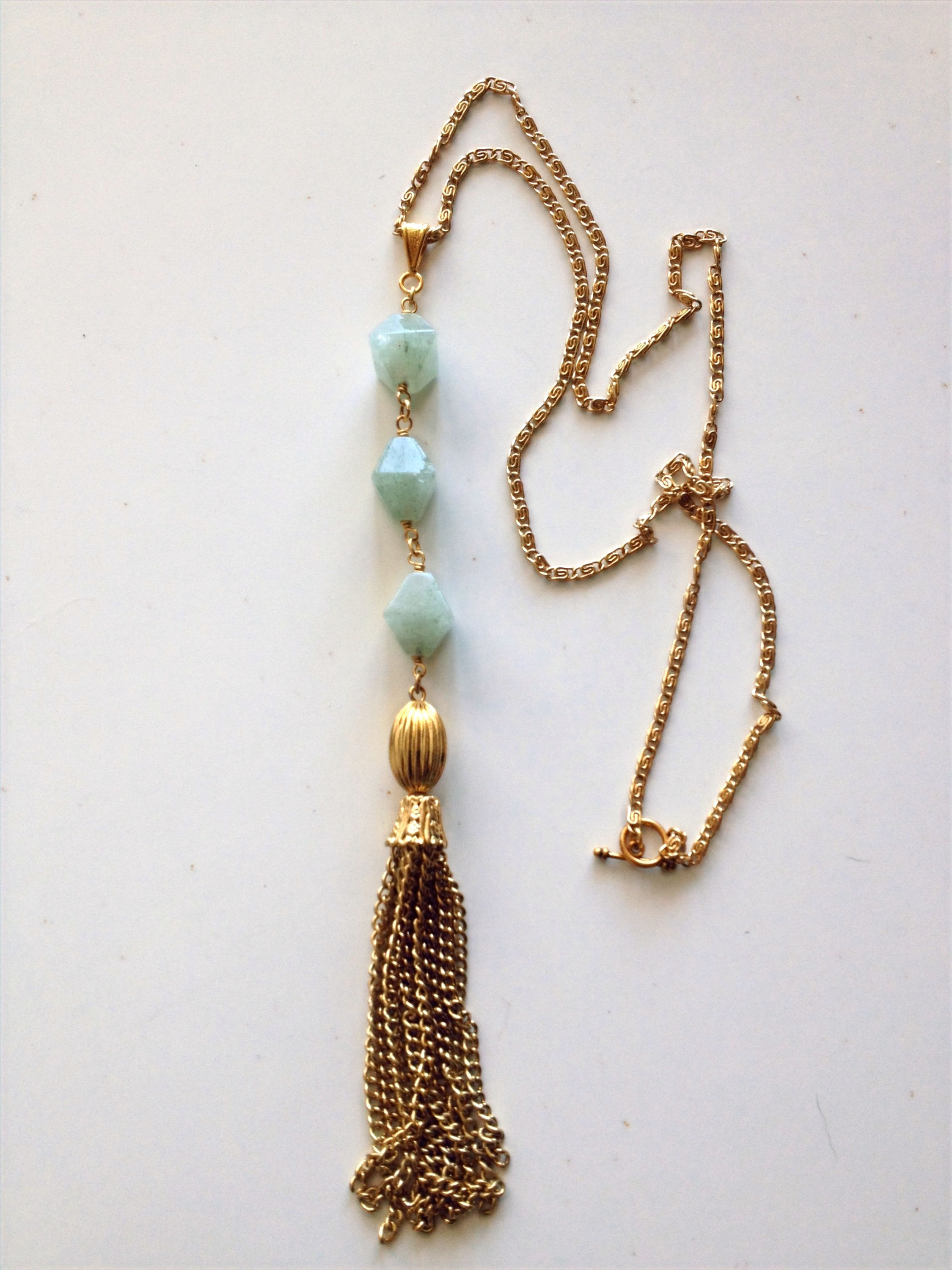 Artist Handmade Green Aventurine Beaded Pendant Tassel Chain NECKLACE