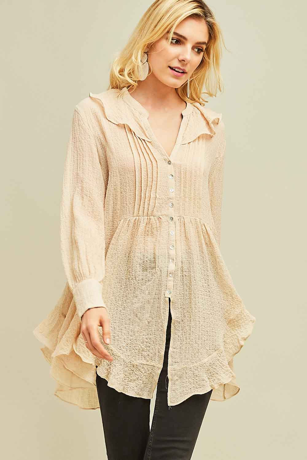 Button-up top asymmetrical ruffle hem Blush Small