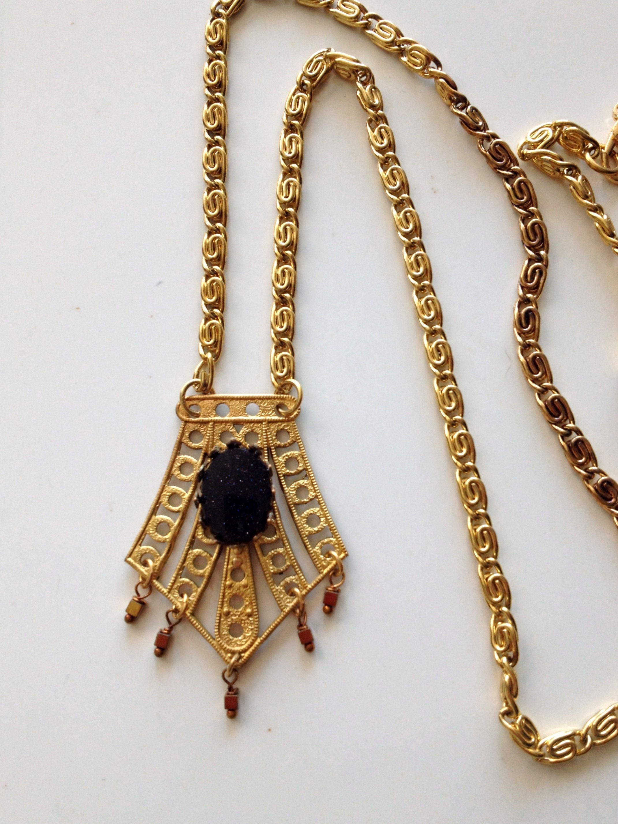 Artist Handmade BLUE CABOCHON Chain Strand Pendant Charm Necklace 25"