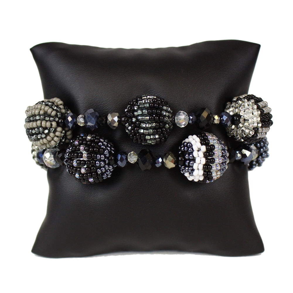 Fiesta 2 Strand 8 Beaded Ball Bracelet - Black/White/Grey/Silver Combo