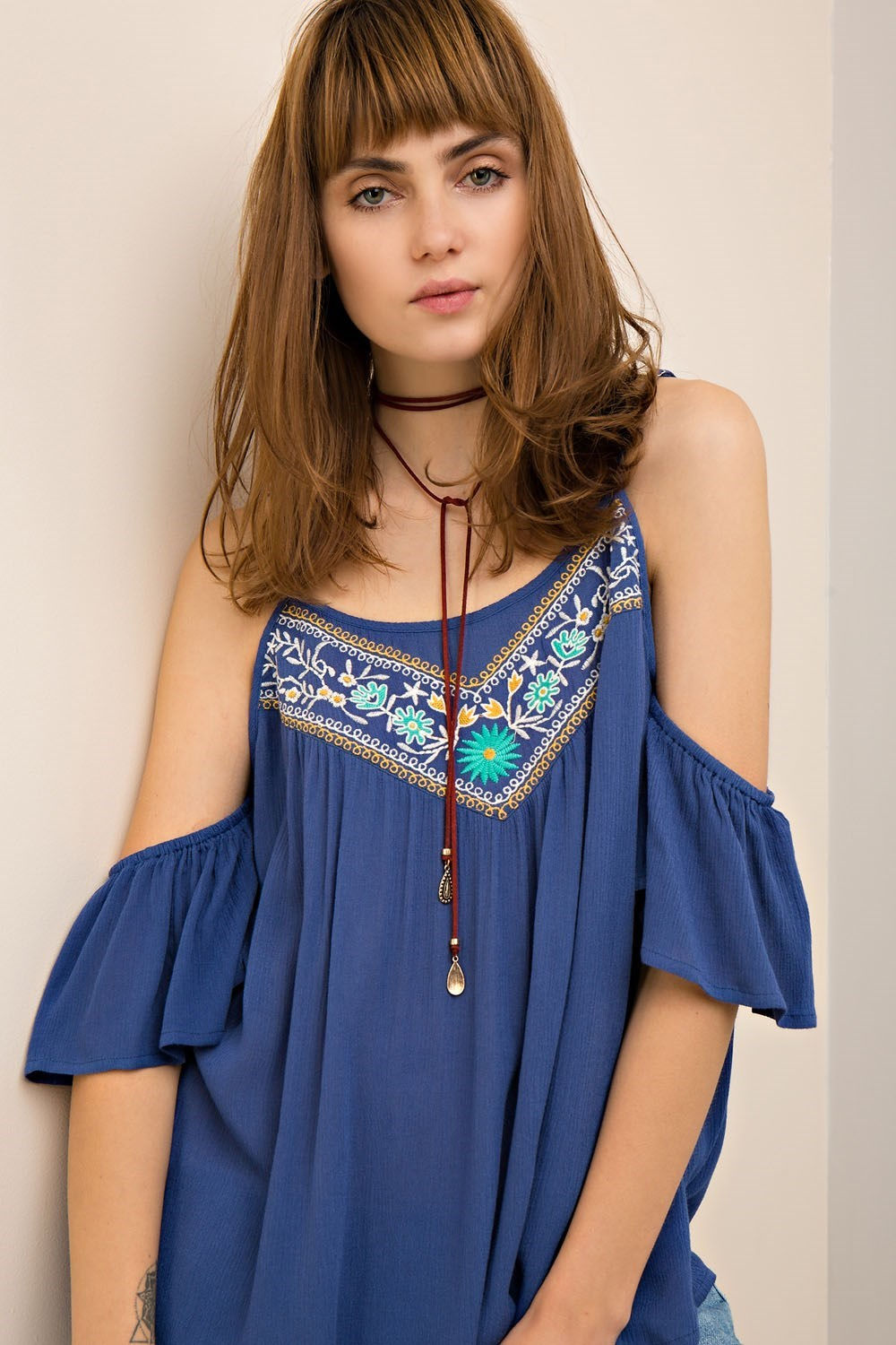 Embroidered Open Shoulder Sleeve Tunic Top Midnight Blue