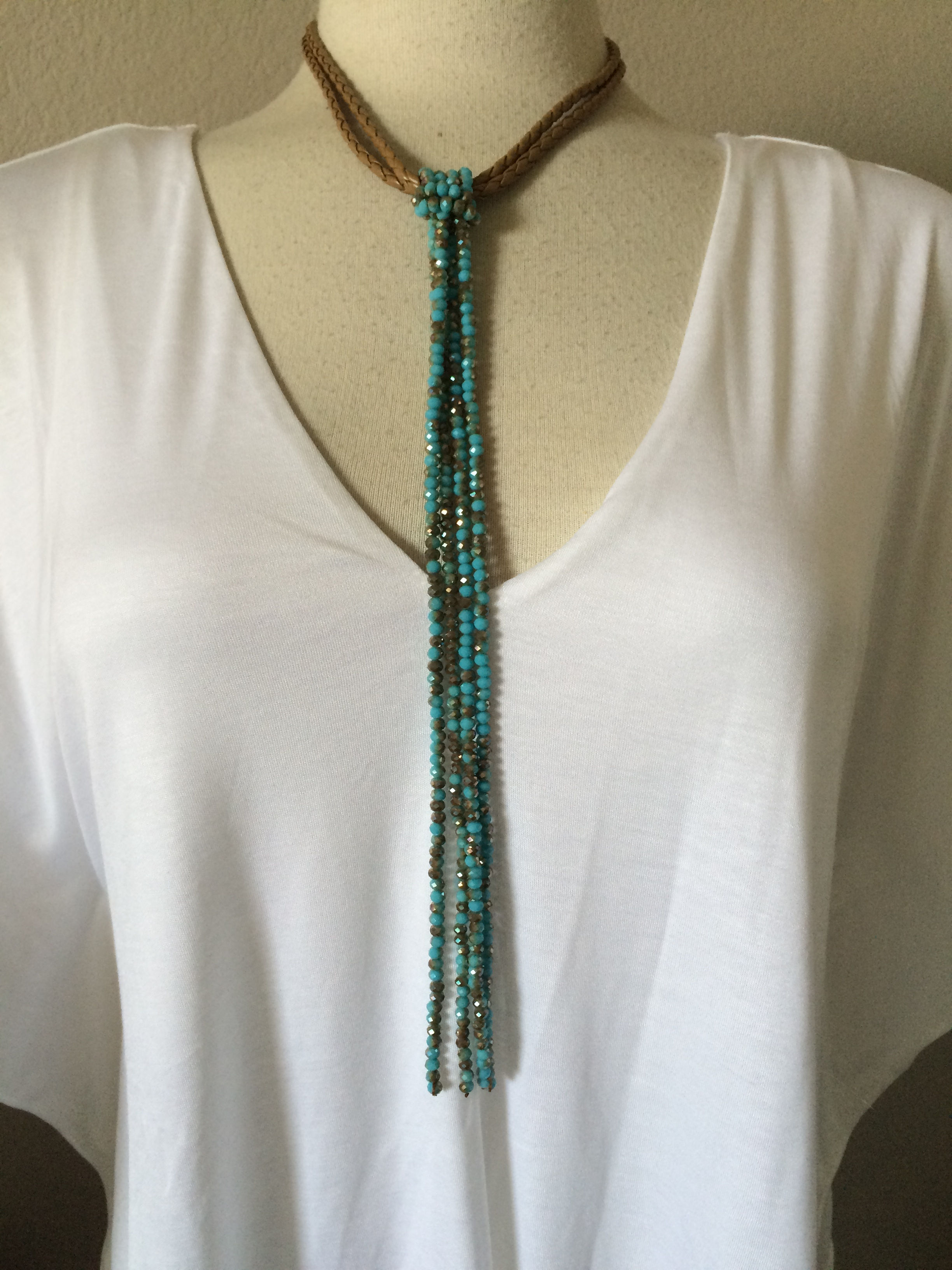 Bohemian Crystal Bead Lariat Strand String NECKLACE Turquoise Gold