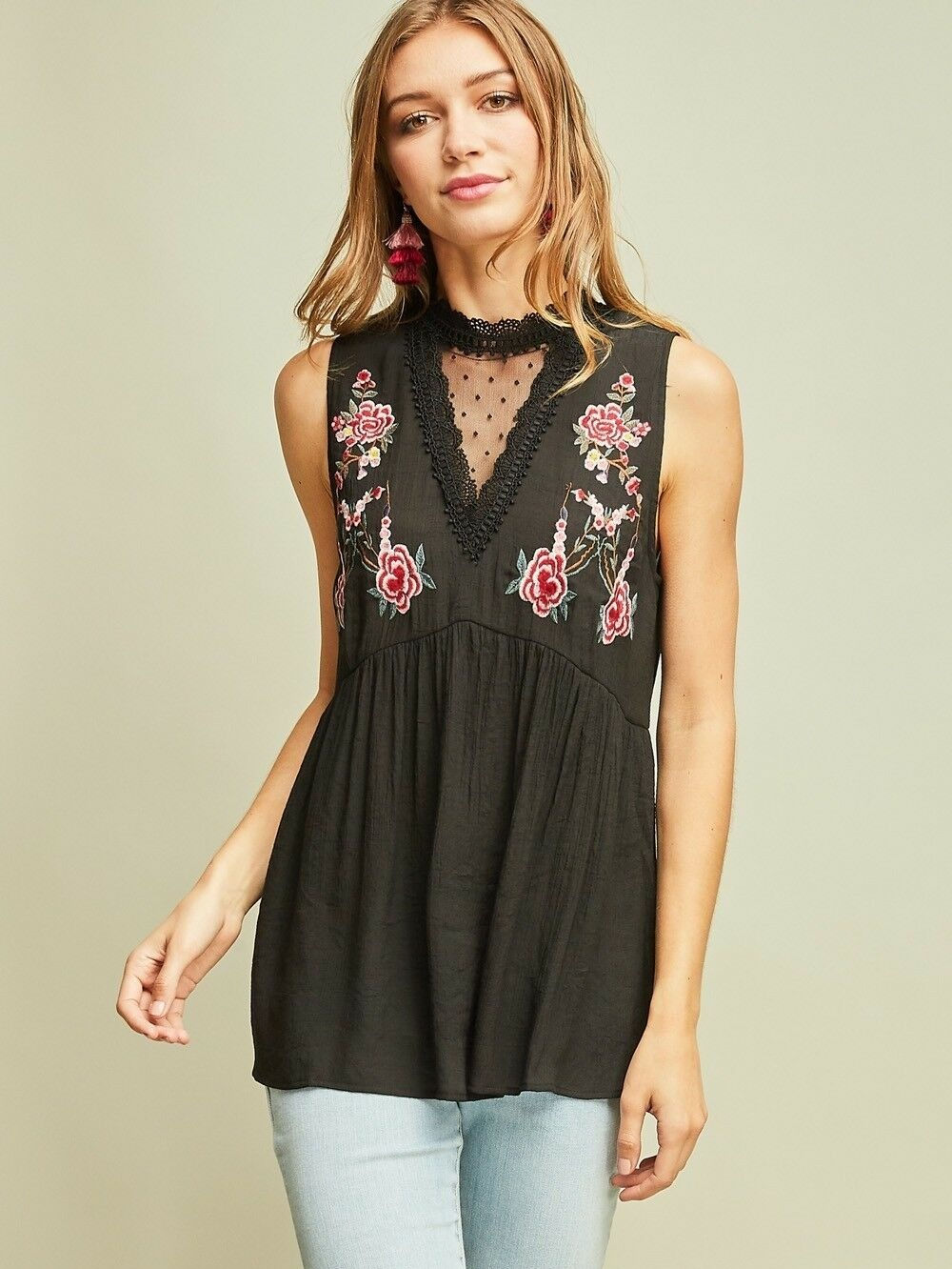 Mock-neck Embroidered Sleeveless Swiss-dot Lace Detail Tunic Black