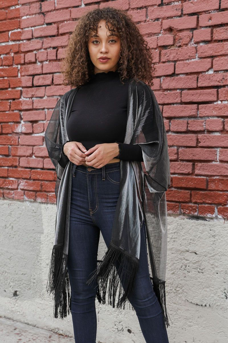 Thumbnail: Sheer Metallic Tassel Kimono OS Black & Silver Sheen