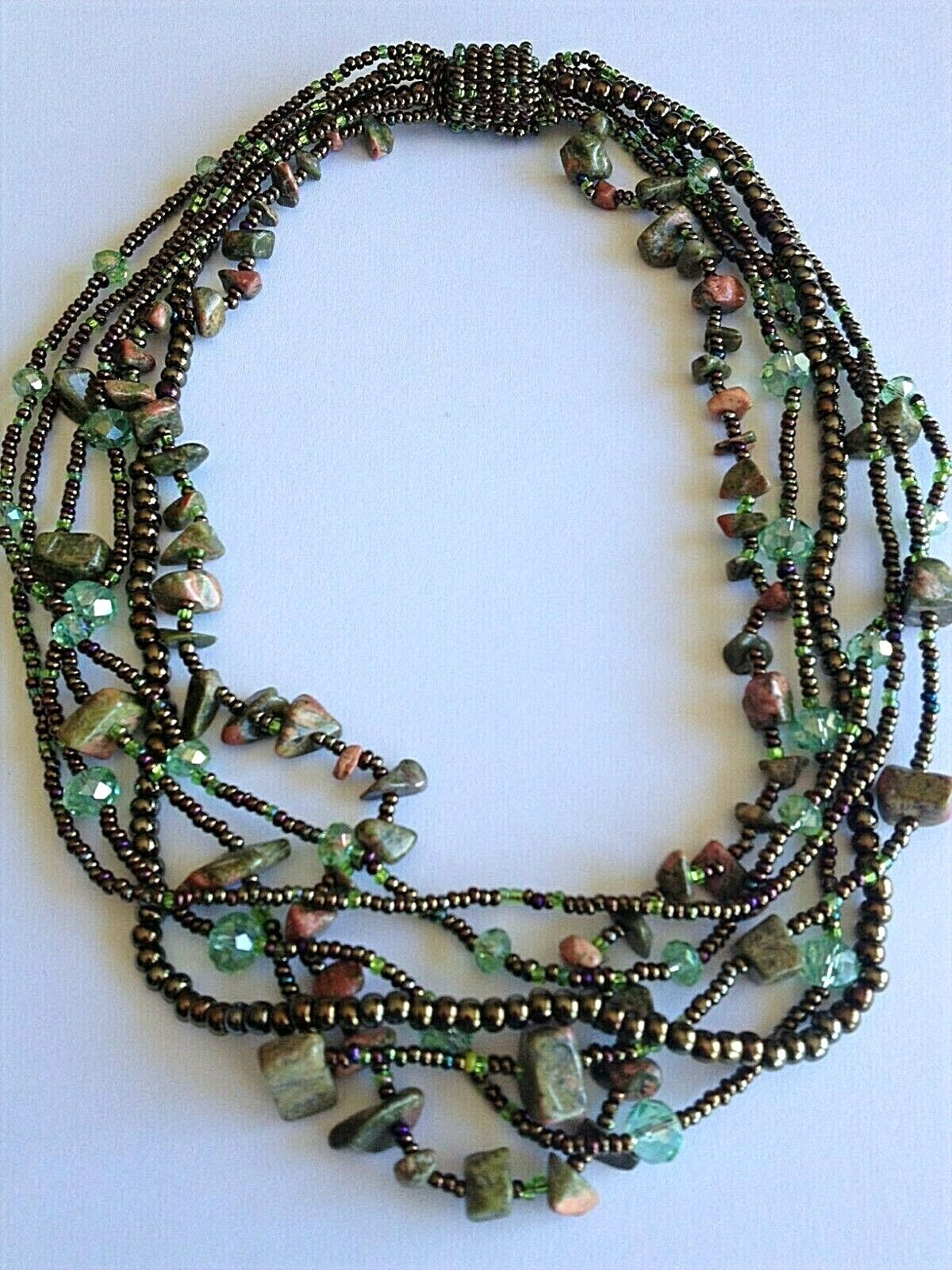 18" Funky 6 Strand Necklace - Green/Bronze