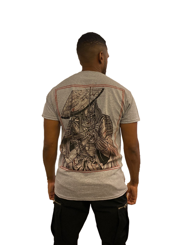 Restaurant workers uniform mock up, featuring two samurais fighting on the back on a neutral grey shirt.