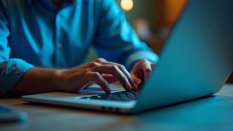 Close-up view of a data scientist analyzing AI model performance on a laptop