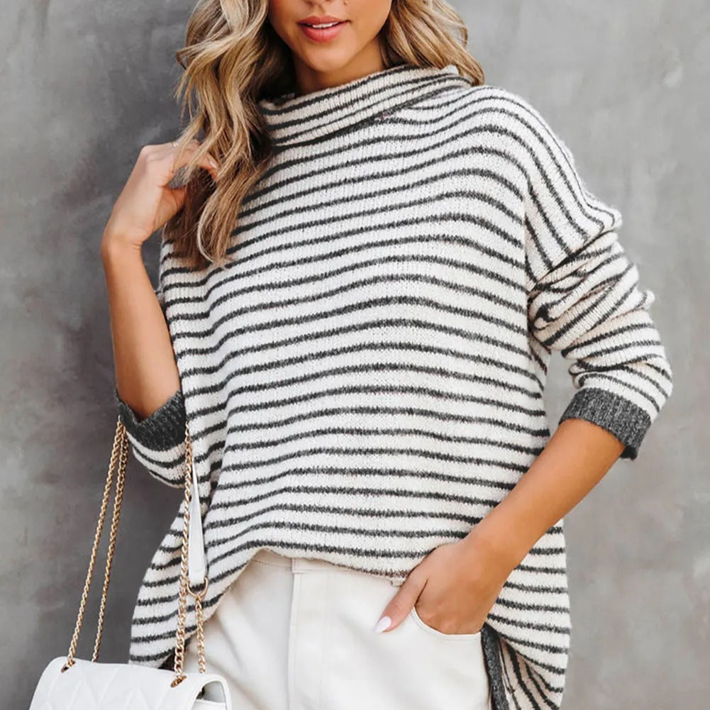 Gray Striped Turtleneck Loose Sweater