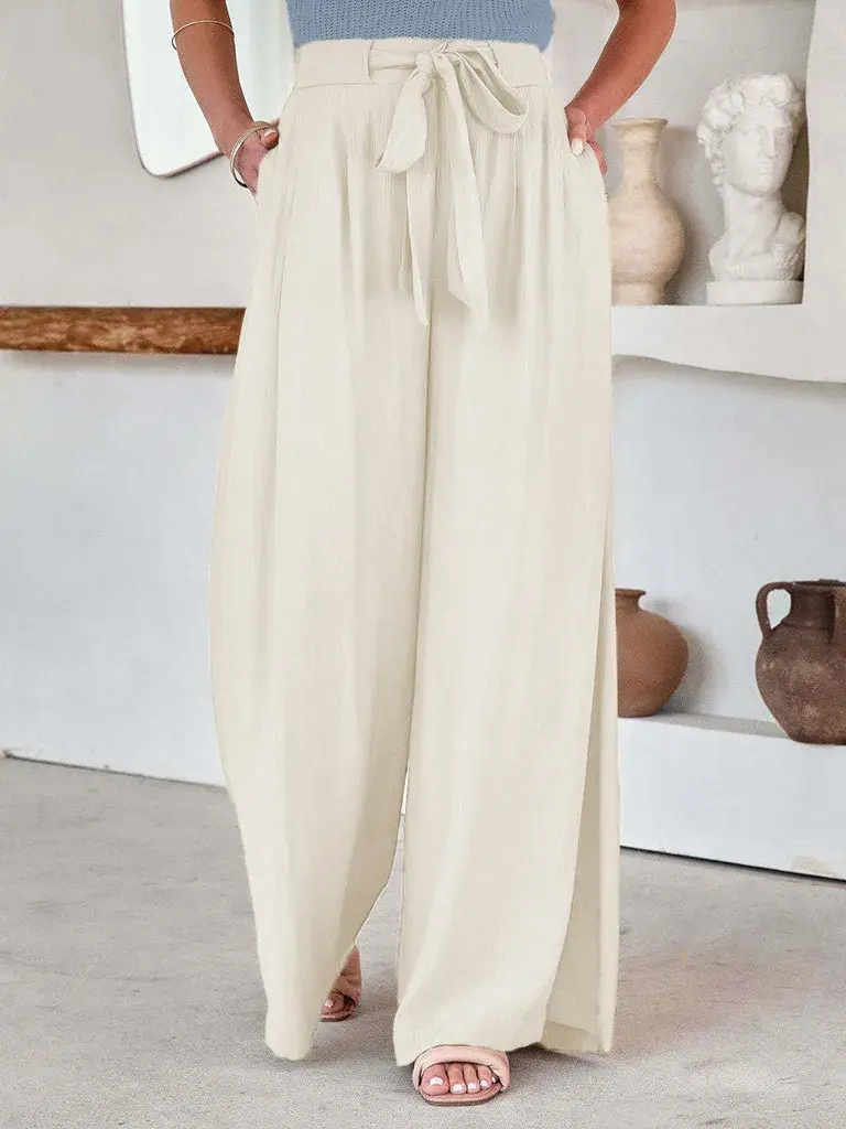 Thumbnail: Solid Color Drawstring Knot Wide Leg Trousers
