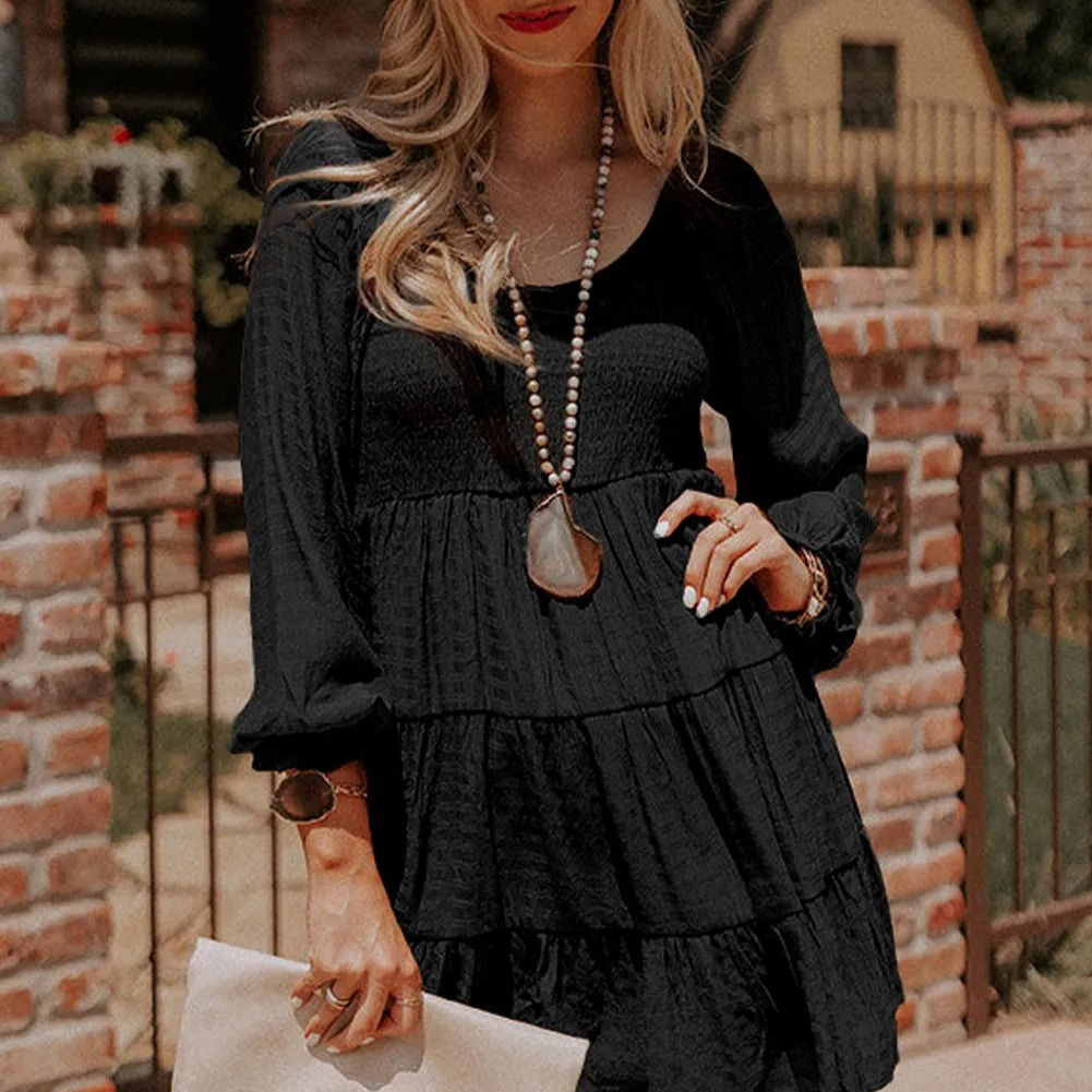 Black Bishop Sleeve Smocked Tiered Mini Dress