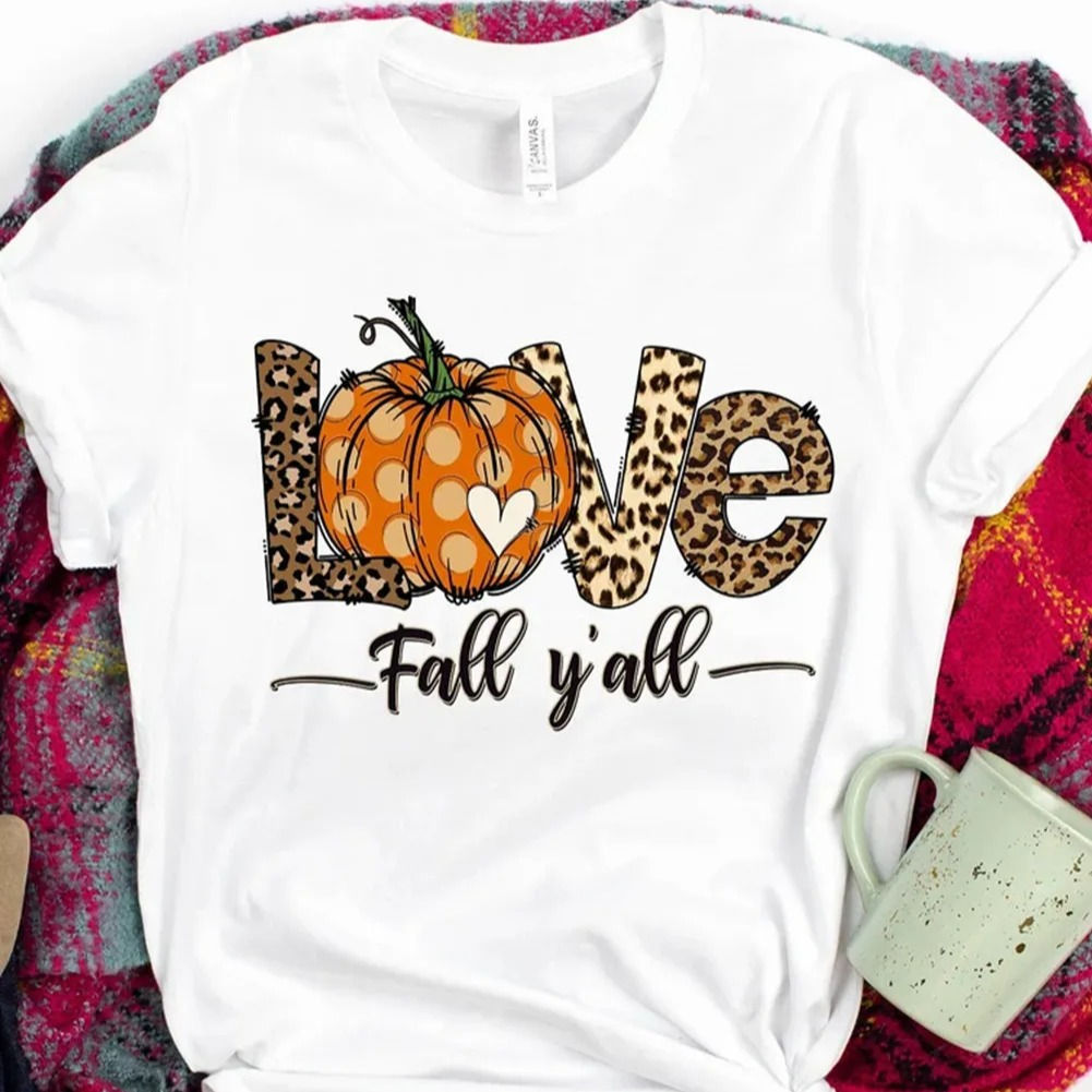White LOVE Leopard Pumpkin Graphic Print Crew Neck T Shirt