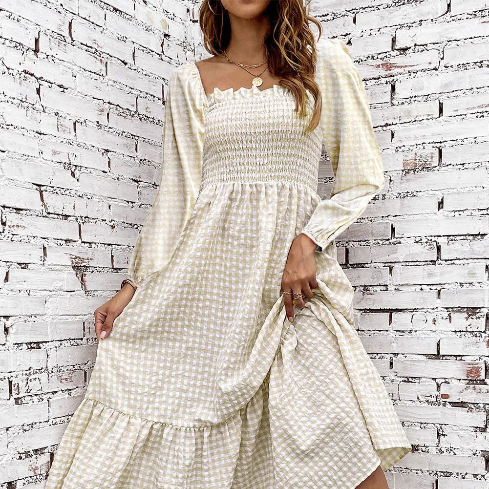Khaki Plaid Ruffled Square Neck Smocked Tiered Maxi Dress