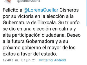 INGRESA LA 4T A TLAXCALA, MARCO MENA FELICITA A CUÉLLAR CISNEROS POR SU VICTORIA