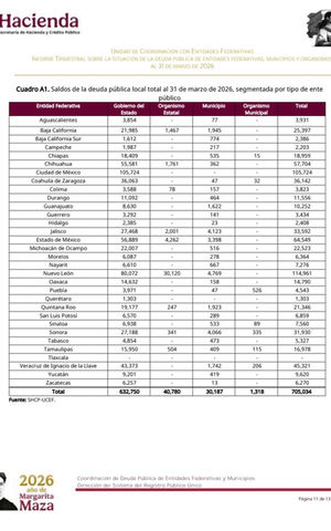 INFORME TRIMESTRAL SOBRE LA DEUDA PÚBLICA DE ENTIDADES FEDERATIVAS, MUNICIPIOS Y ORGANISMOS (ITSDPEFMO)