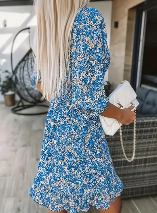 Thumbnail: V-Neck Floral Print Short Sleeve Bubble Sleeve A-Line Dress