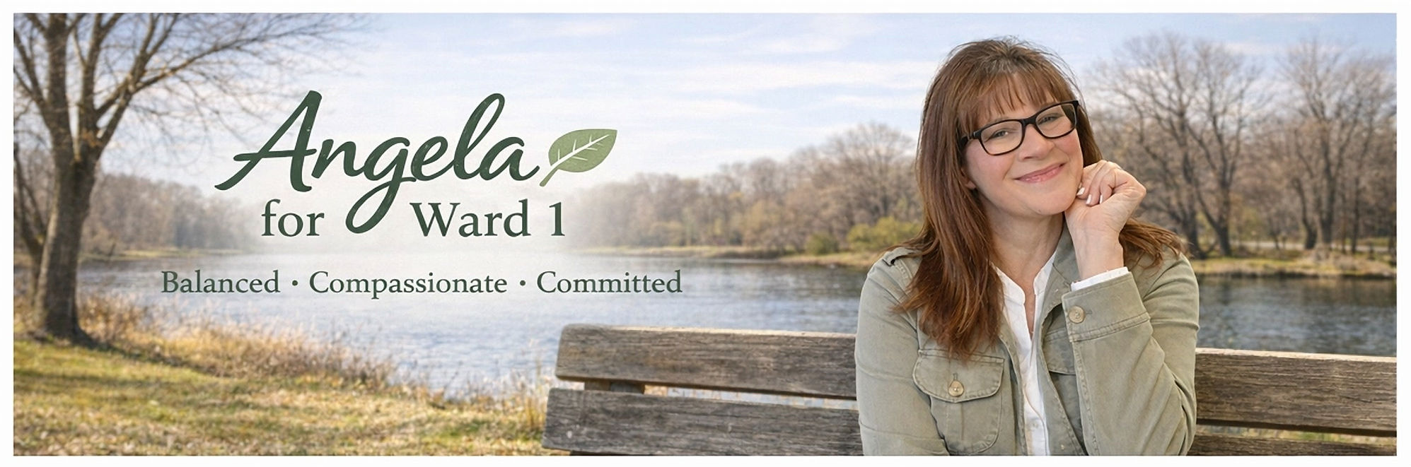 Banner size image of Angela sitting on a bench by the lake.