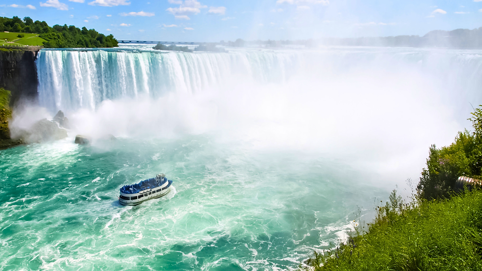 A tour boat near the base of Niagara Falls in Canada.