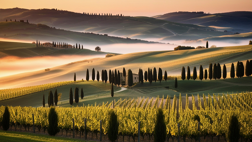 Rolling hills and vineyards in Tuscany, Italy at sunrise