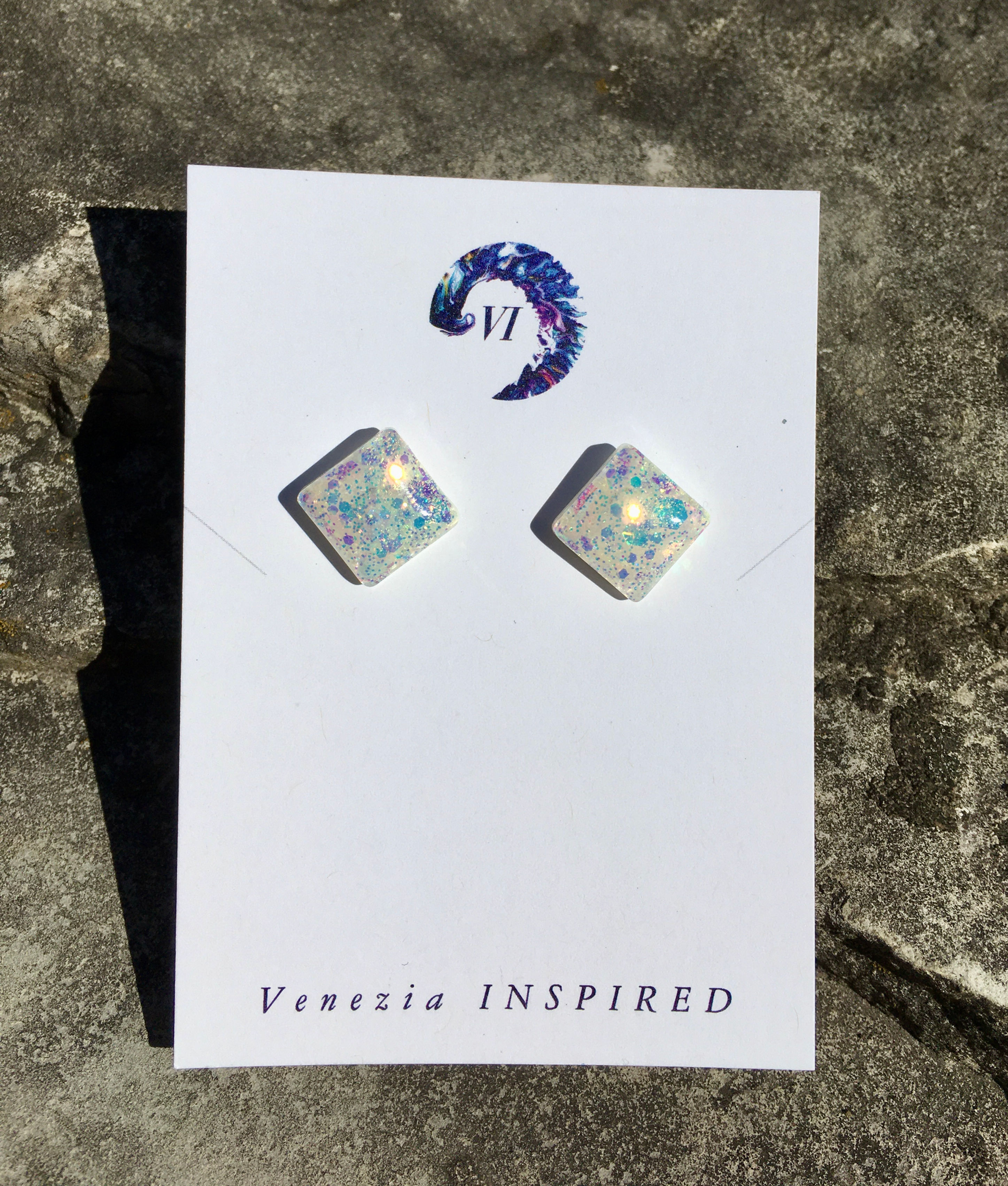 White Opal Sparkle Medium Square Studs