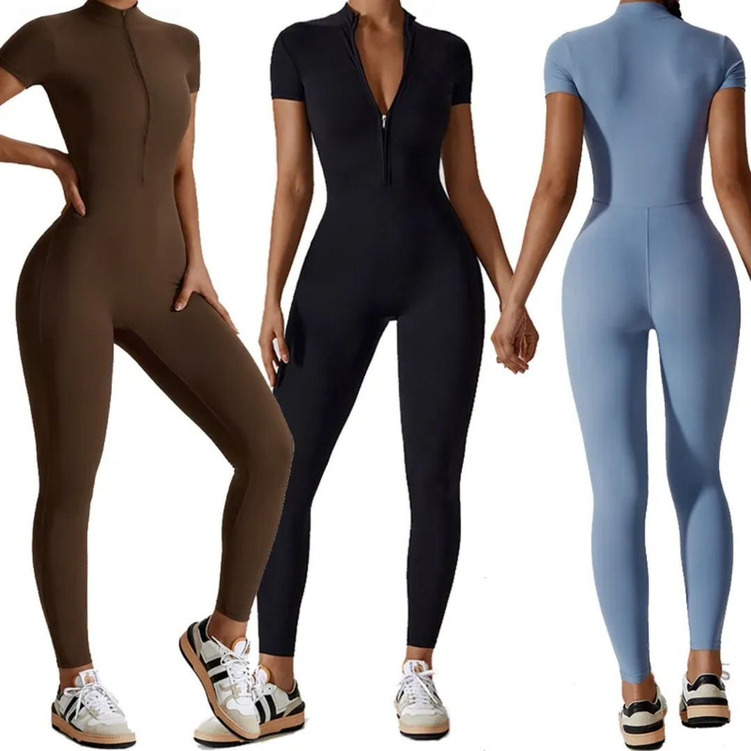 Women’s Sculpting Activewear Jumpsuit – Seamless Zip-Up Fitness Bodysuit with Sh