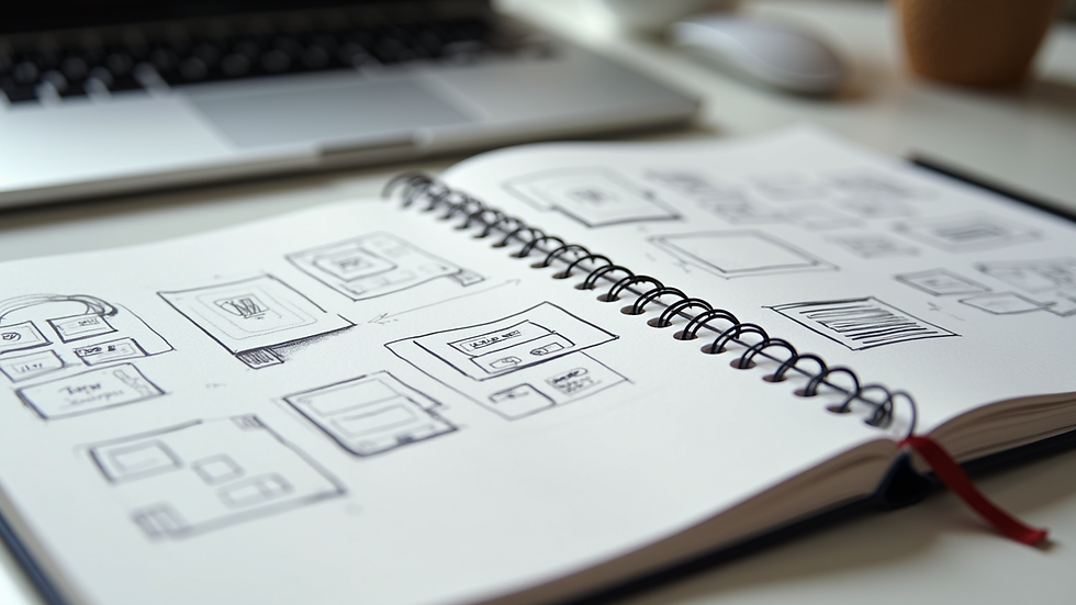 Close-up view of a sketchbook with UX design wireframes