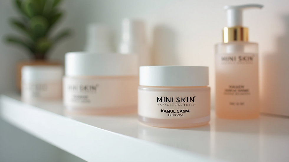 Close-up view of a skincare product display at Mini Skin