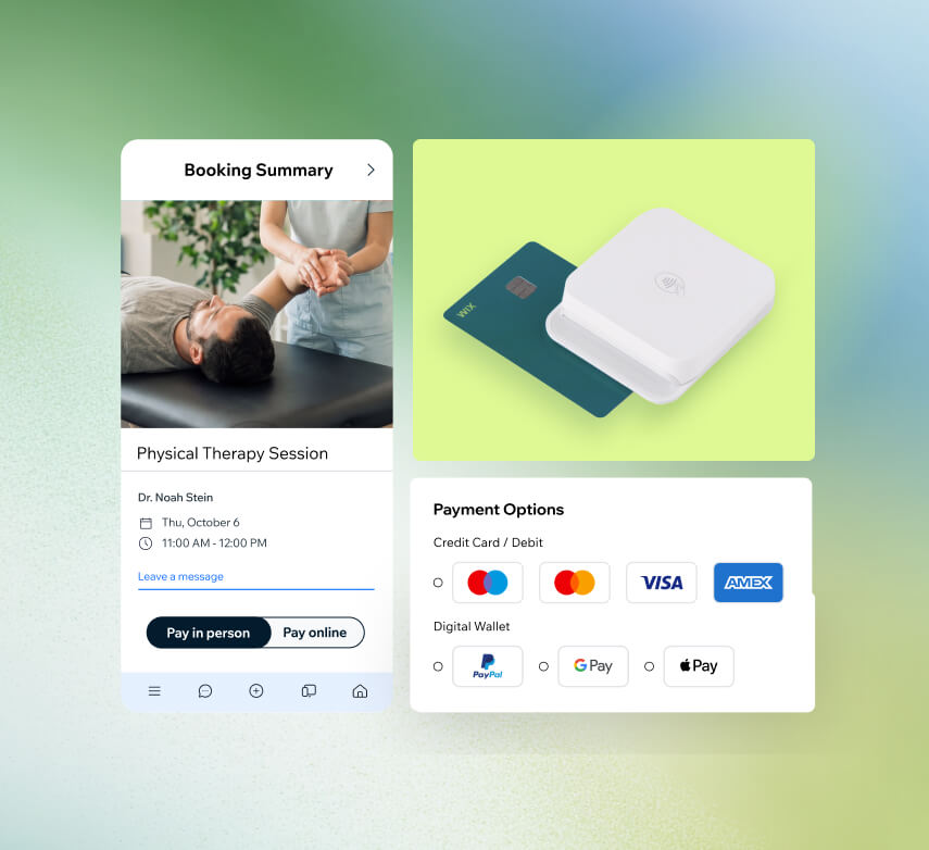 Wix booking summary for a physical therapy session with flexible payment options including credit cards, PayPal, Google Pay, and Apple Pay