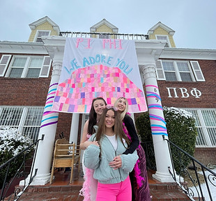 three women in front of Pi Beta Phi House