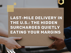 Two hands pass a cardboard box in front of a car; headline reads Last-mile delivery in the U.S. and fbgroups.com.