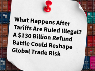 Pinned note over shipping containers reads: Tariffs ruled illegal? $130 billion refund battle could reshape global trade.