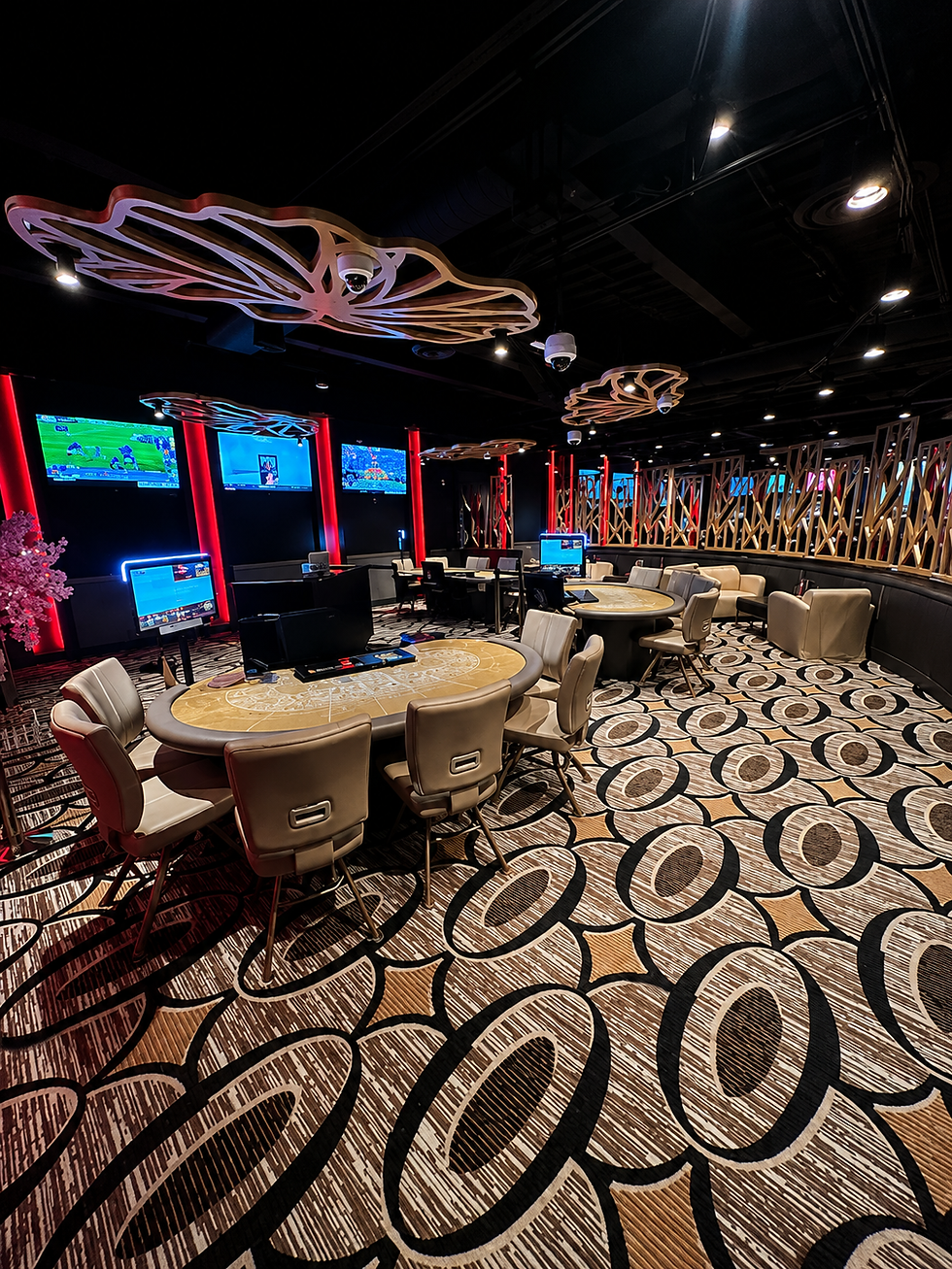 Interior photo of casino showing 3 baccarat tables at Grand Casino Shoreline.