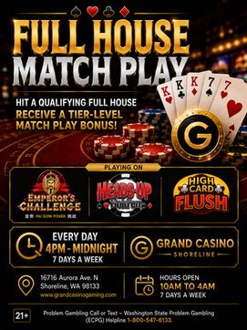 Full House Match Play Promotion. Get a bonus match play for any qualifying full house from 4pm till midnight at Grand Casino Shoreline.