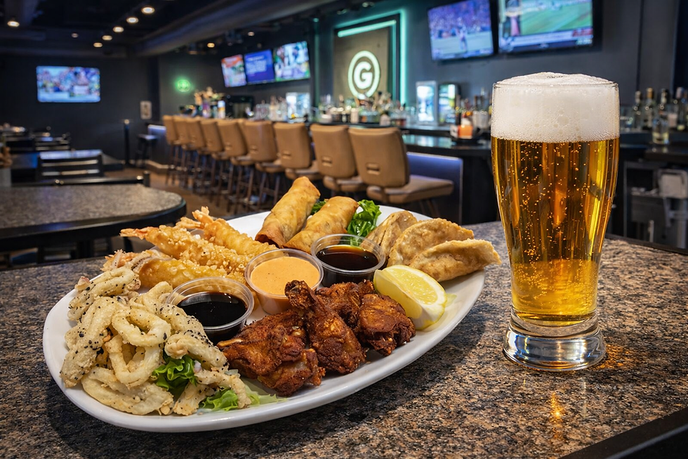 Photo of the Grand Platter Appetizer and a pint of beer shocasing ou amazing bar menu at Grand Casino Shoreline 50% off all bar menu food during happy hour