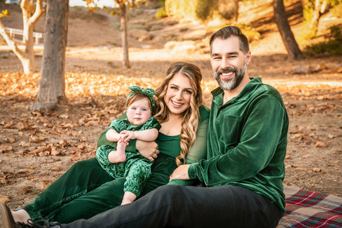Family of three in green outfits sitting on a plaid blanket in a park. Smiling parents hold baby among autumn leaves and trees.