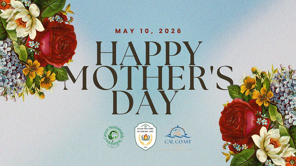 Floral border with red and white roses, yellow flowers, and leaves on pastel background. Text: May 10, 2026, Happy Mother's Day. Logos below.