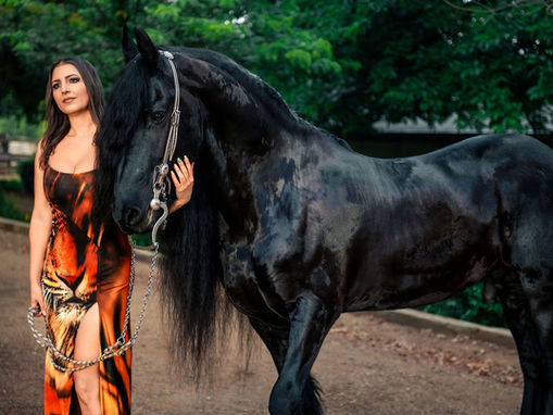 Woman in a tiger-print dress stands beside a glossy black horse on a tree-lined path, calm and posed for a birthday photoshoot at Murrieta, CA.