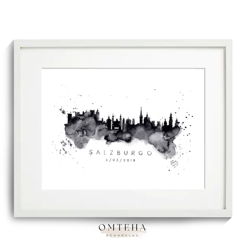 Skyline urbano pintado en acuarela, capturando la esencia arquitectónica de la ciudad.