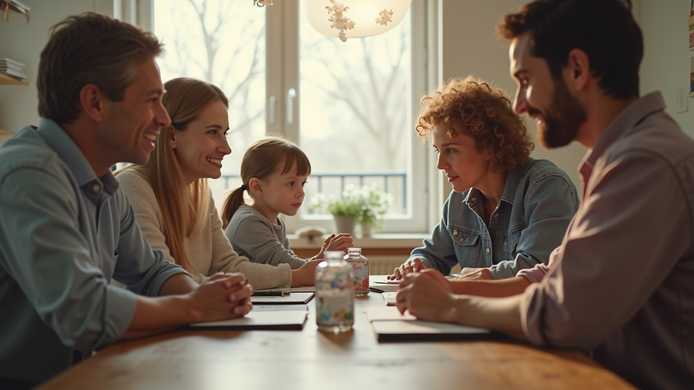 Eye-level view of a family sitting together at a dining table discussing their budget