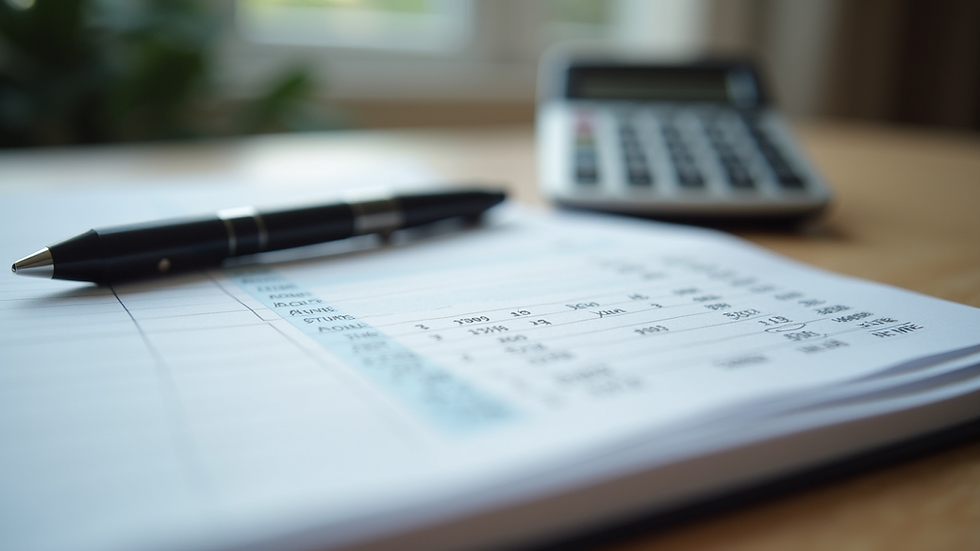 Eye-level view of a notebook with budgeting notes and a calculator