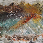 "Navrasa" – abstraktes Gemälde mit wellenförmiger Struktur in Rost-, Grau- und Türkistönen, von Marga Marieluise Hermann, 50 x 70 cm