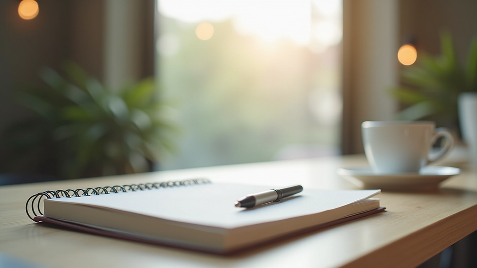 Eye-level view of a serene workspace with a notebook and coffee cup