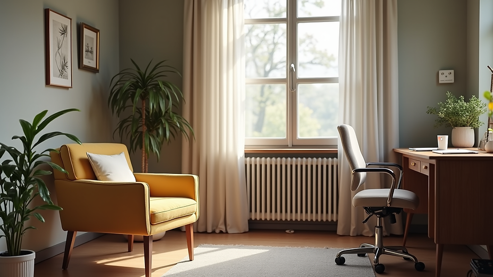 Eye-level view of a cozy office space with a comfortable chair and a small desk