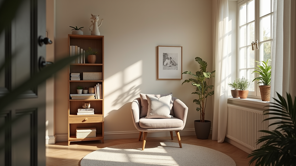 Eye-level view of a cozy coaching office with a comfortable chair and soft lighting