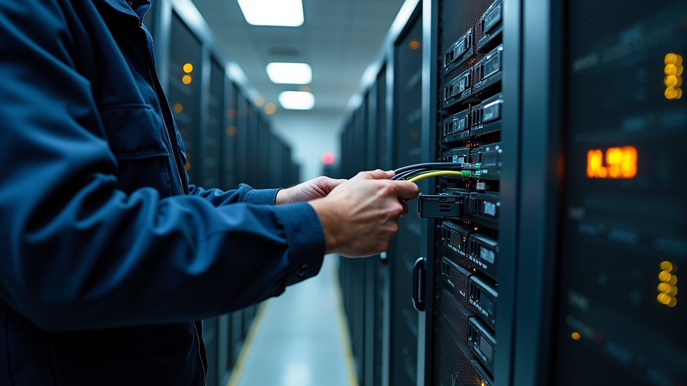 High angle view of a technician installing networking cables in a data center