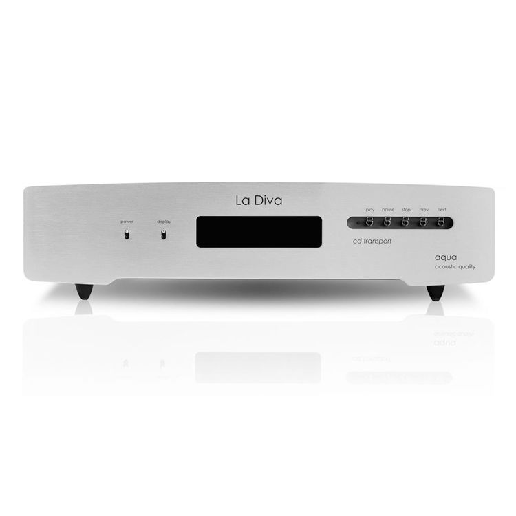 Front view of the Aqua LaDiva M2 CD transport in silver, showcasing it's expert build quality and minimalist front controls.