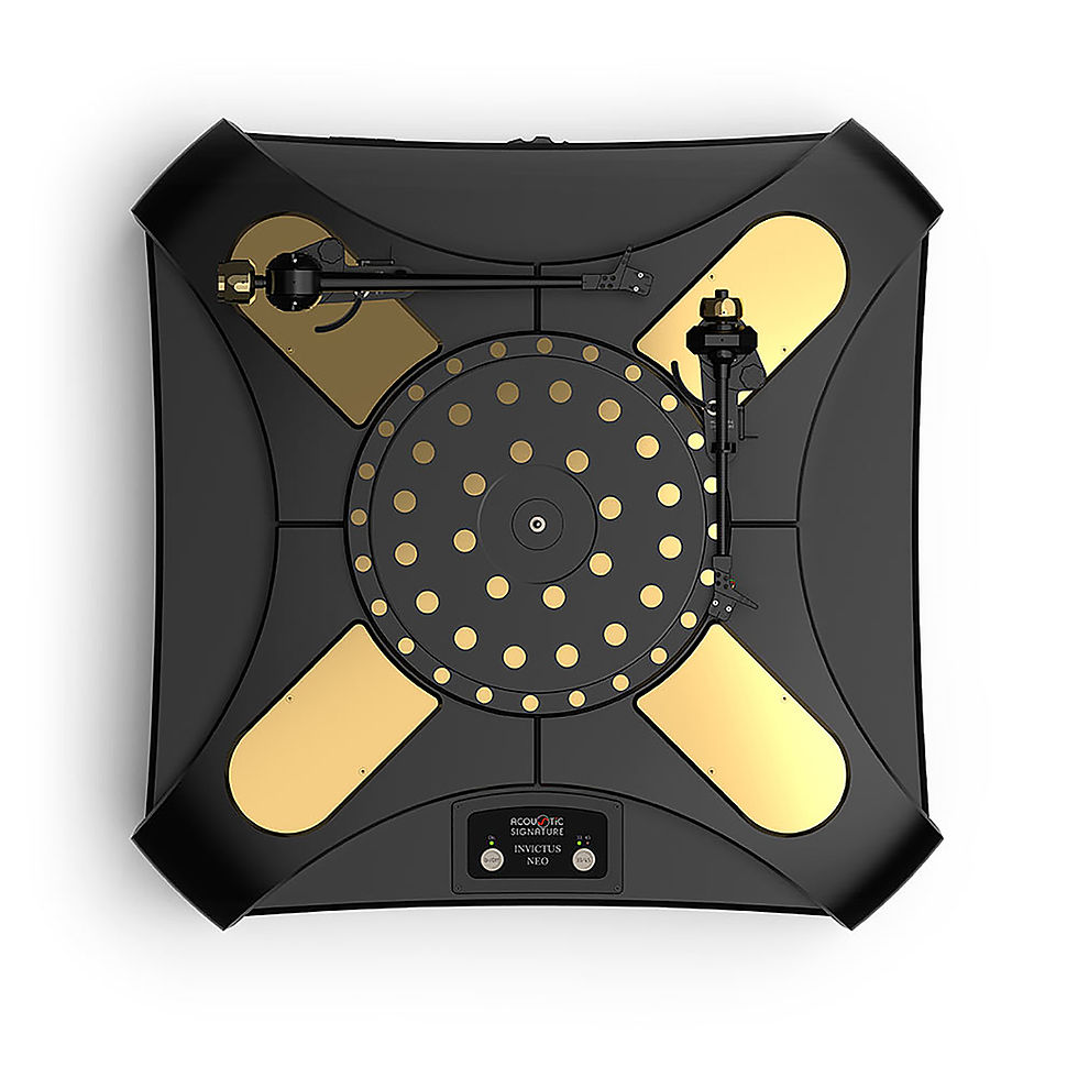 Thumbnail: Overhead view of INVICTUS NEO, gold and black design, with intricate tonearm setup.