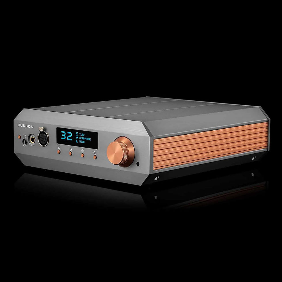 Thumbnail: Front angled view of Burson SOLOIST Voyager on black background, highlighting the digital display and copper control knob.