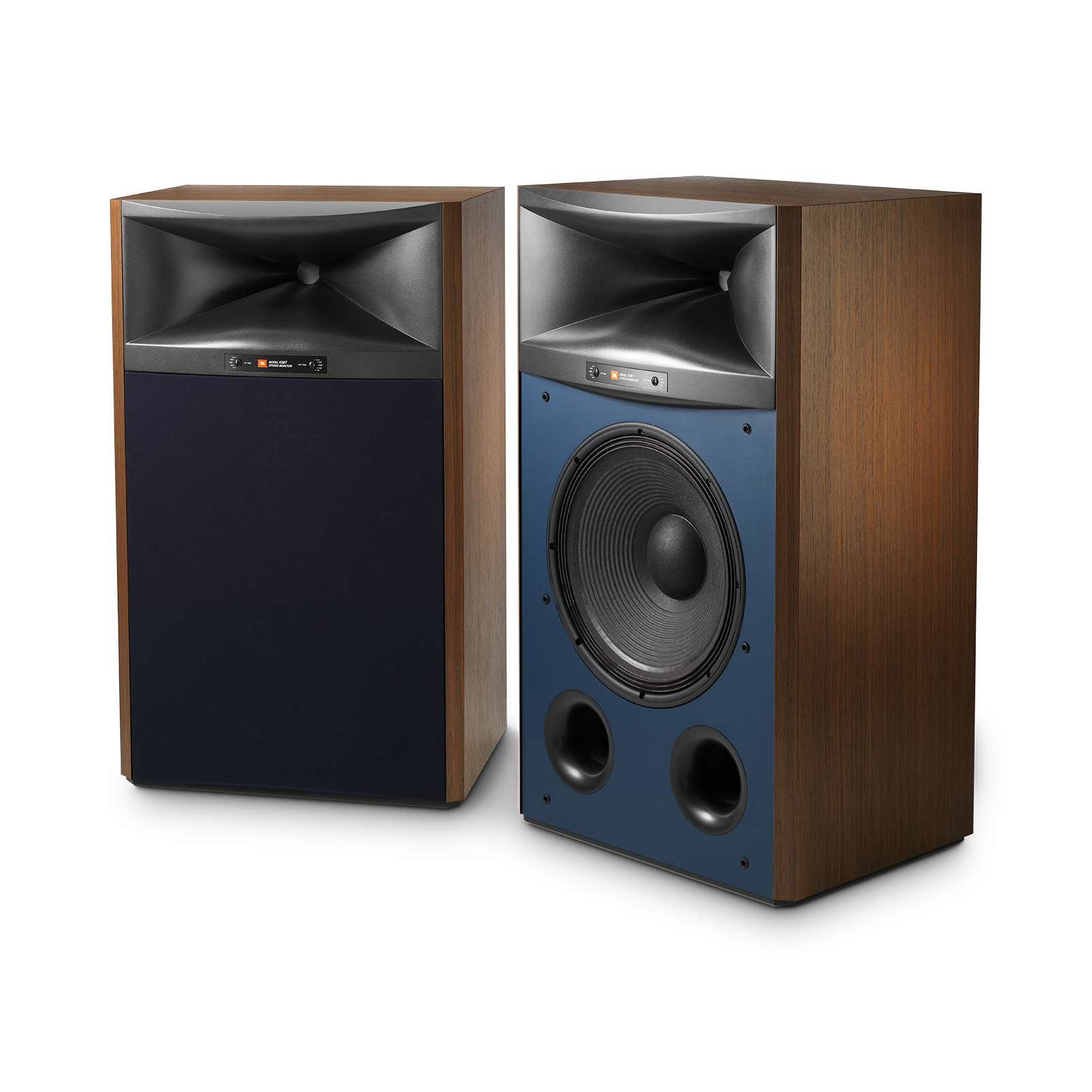 JBL 4367 floorstanding speakers showing frontal view with exposed high and low frequency drivers.
