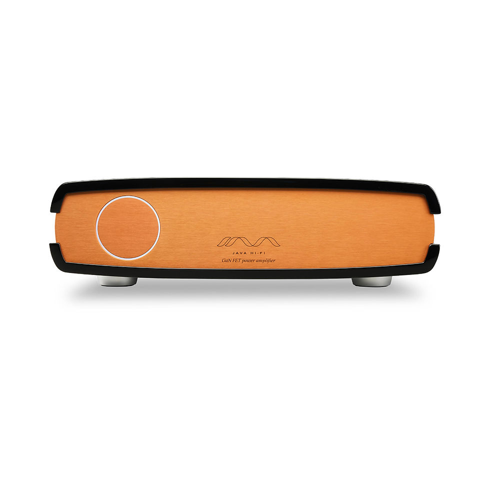 Front view of the Java Double Shot GaN FET Power Amplifier highlighting its minimalist aesthetic and stylish copper panel.