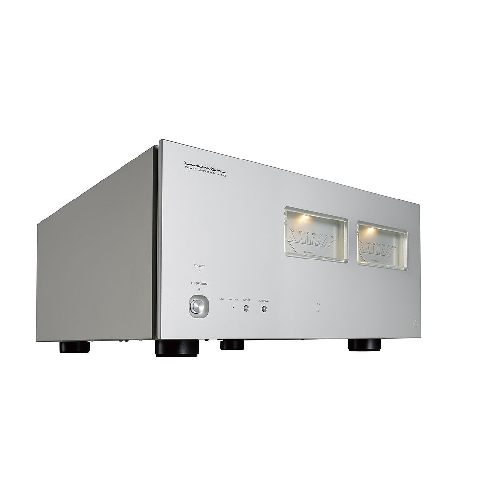 Thumbnail: Luxman M-10x power amplifier front angled view with dual VU meters and clean, modern design.